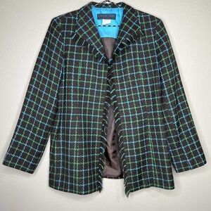 Collection Herve Benard Women's Brown & Blue Plaid Wool Blend Open Front Blazer